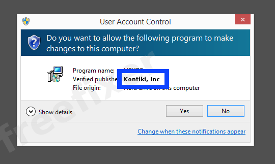 Screenshot where Kontiki, Inc appears as the verified publisher in the UAC dialog